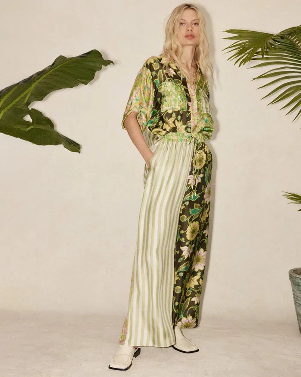 Alemais Winnie Patchwork Spliced Silk Shirt and Pant Set Green Floral Size AU 10 photo 4