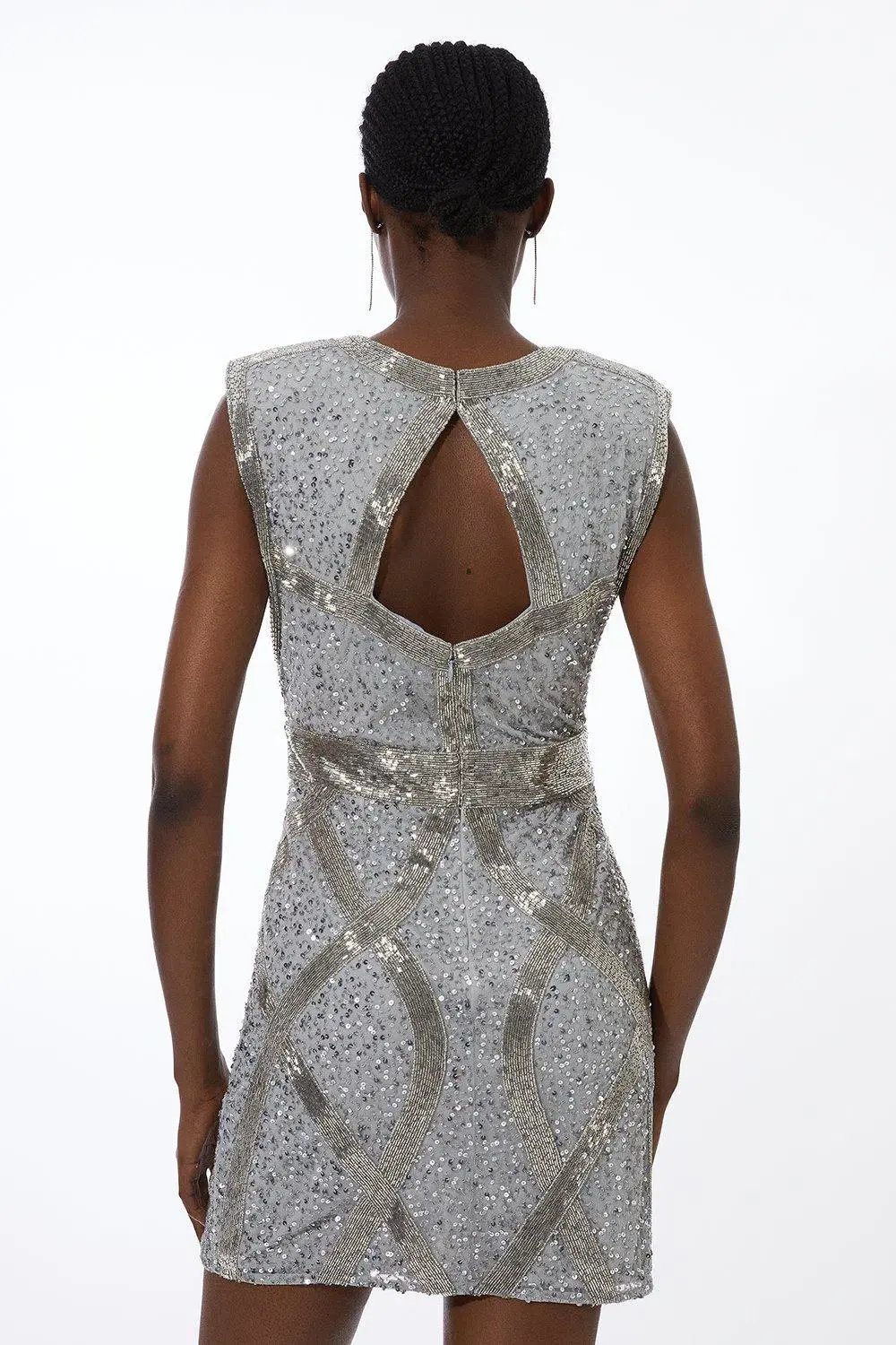 Karen Millen Embellished Strong Shoulder Woven Mini Dress Silver Size 16 photo 2