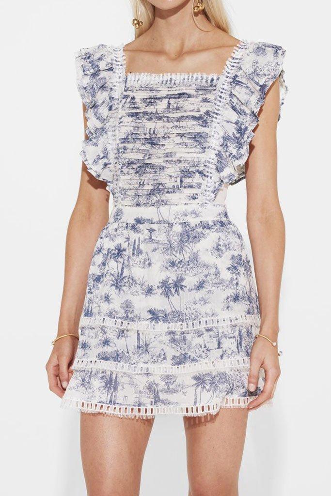 Sir The Label Dahlia Linen Ruffle Mini Dress Blue Palm Tree Print | AU 6 photo 2