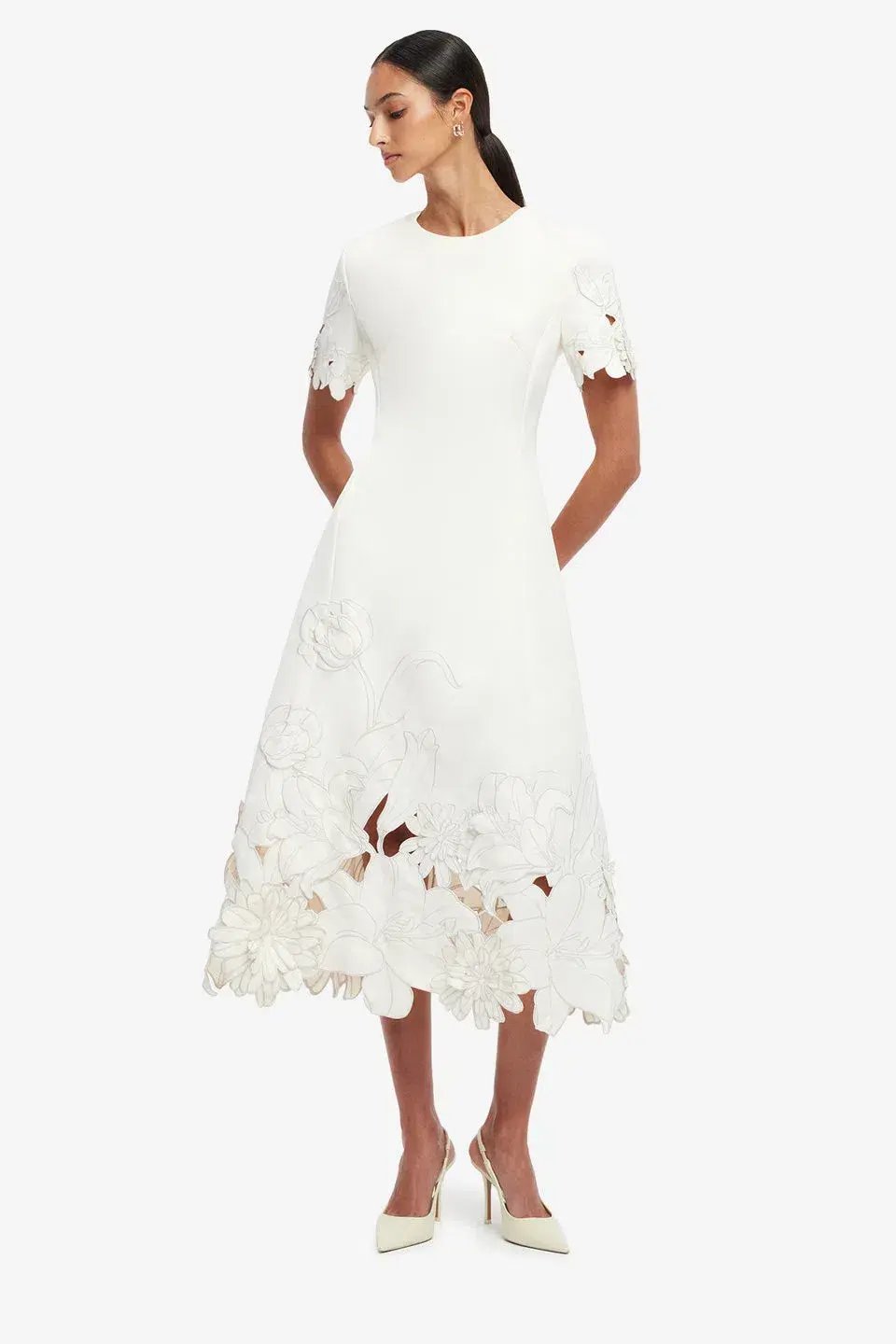 Leo Lin Caroline Applique Short Sleeve Midi Dress Ivory Size 10 photo 2