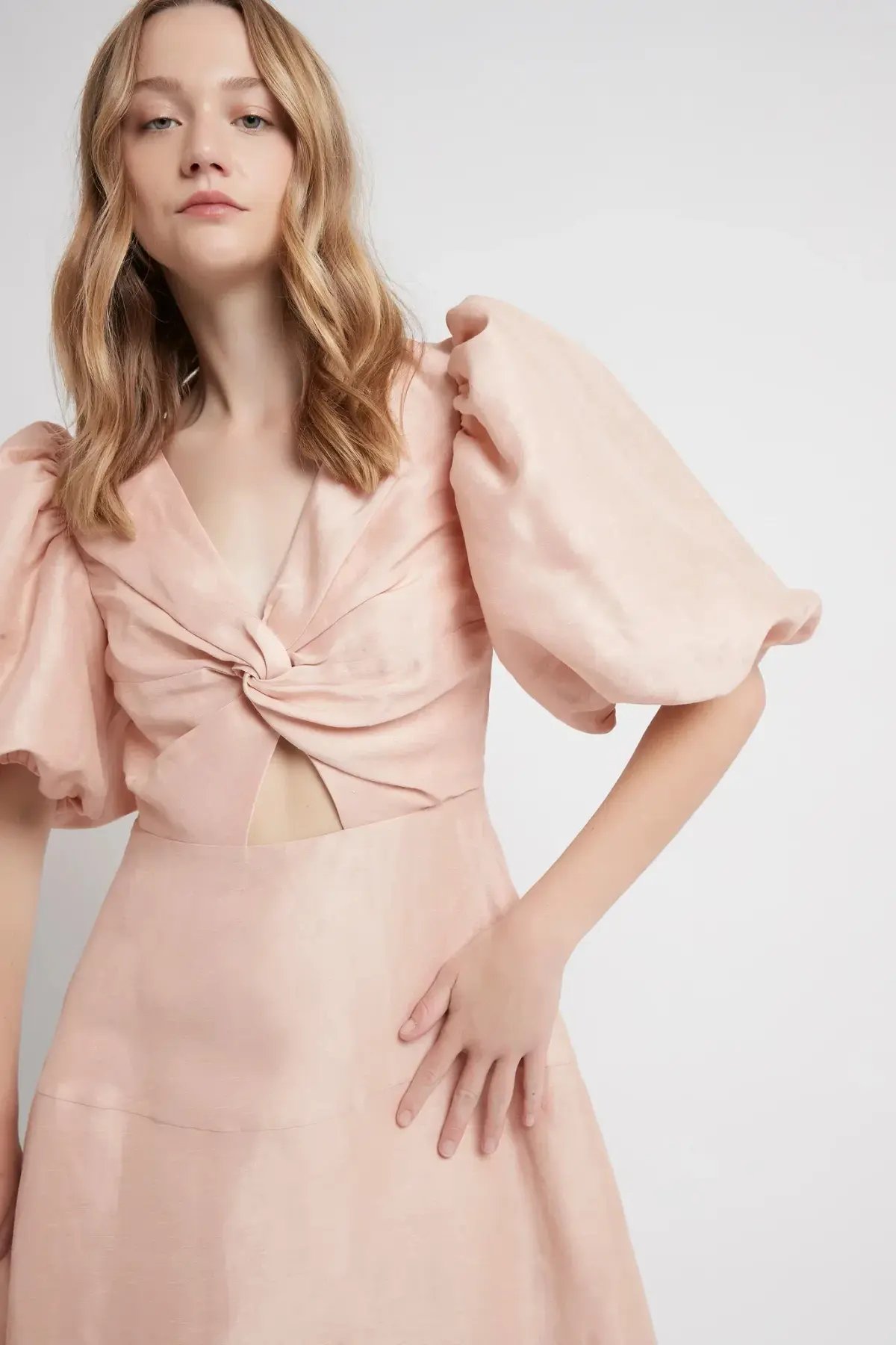 Aje Dusk Knot Puff Sleeve Midi Dress Blush Size AU 16 photo 2