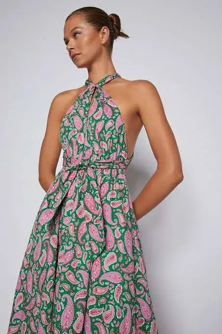 Scanlan Theodore Paisley Halter Maxi Dress Green Pink Size 6 photo 2
