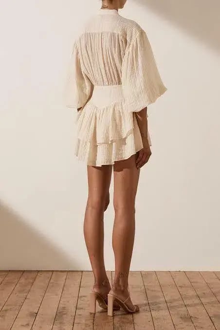 Shona Joy Mila Button Up Frill Mini Dress Beige/Tofu Size AU 16 photo 3