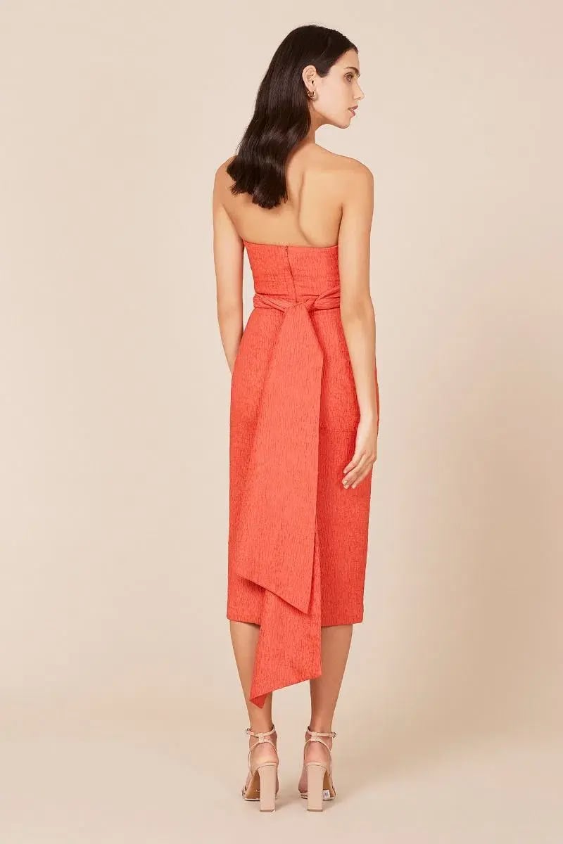 Rebecca Vallance Francesca Tie Midi Dress Coral Strapless Bow Crepe Size 12 photo 3