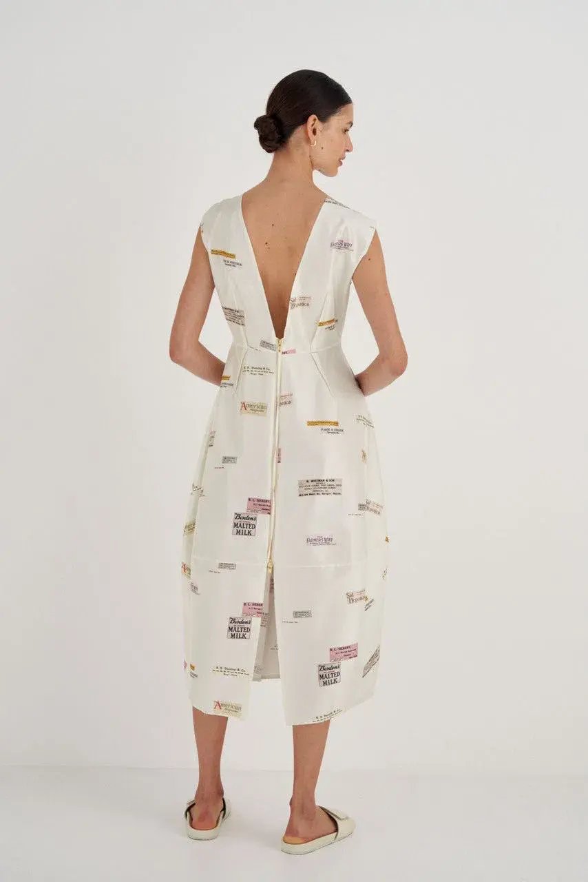 Oroton Structured Spaced Label Midi Dress Soft Cream Print Size 6 photo 3