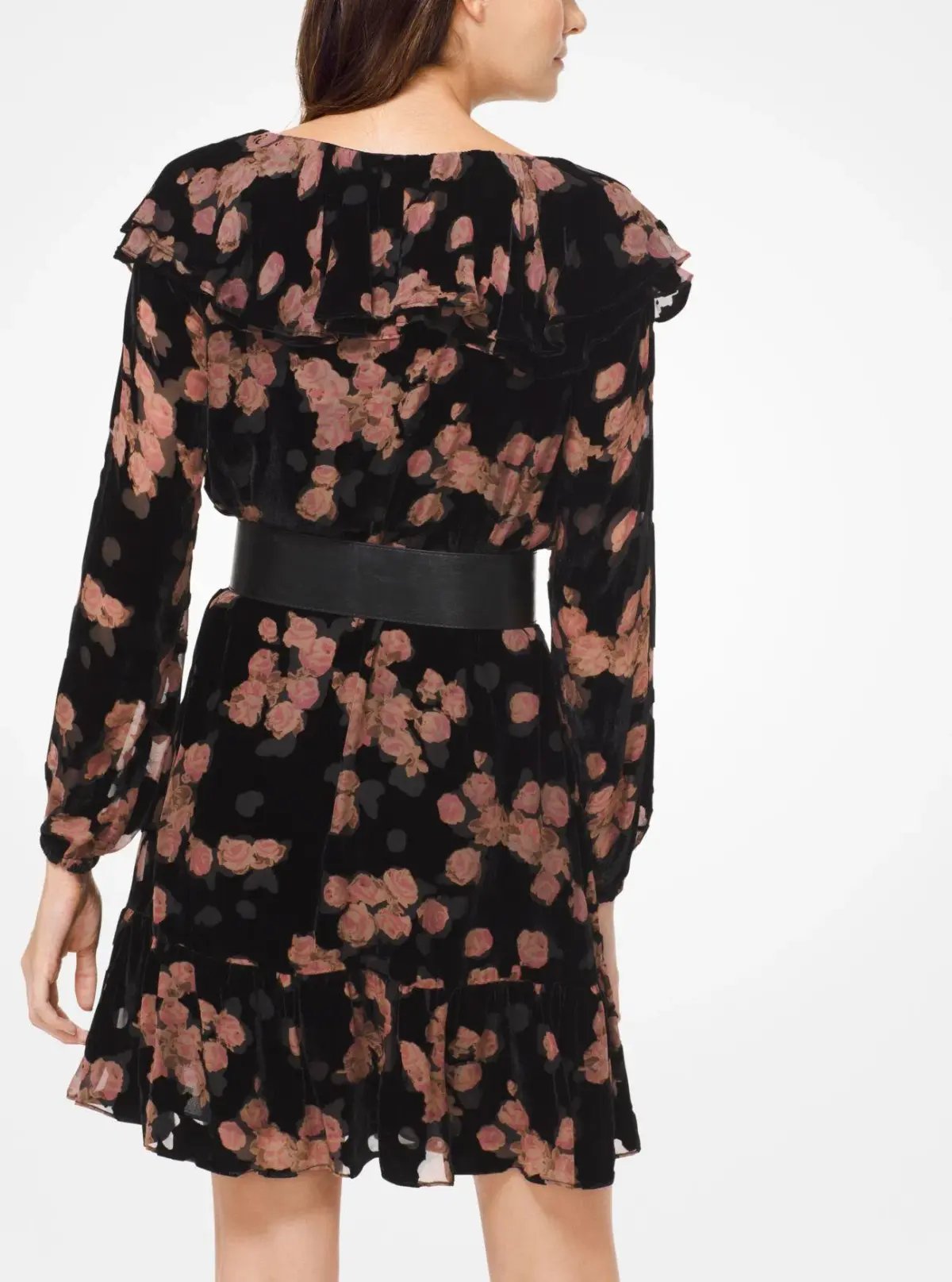 Michael Kors Belted Ruffled Floral-Print Devoré-Velvet Mini Dress Print Size 8 photo 2