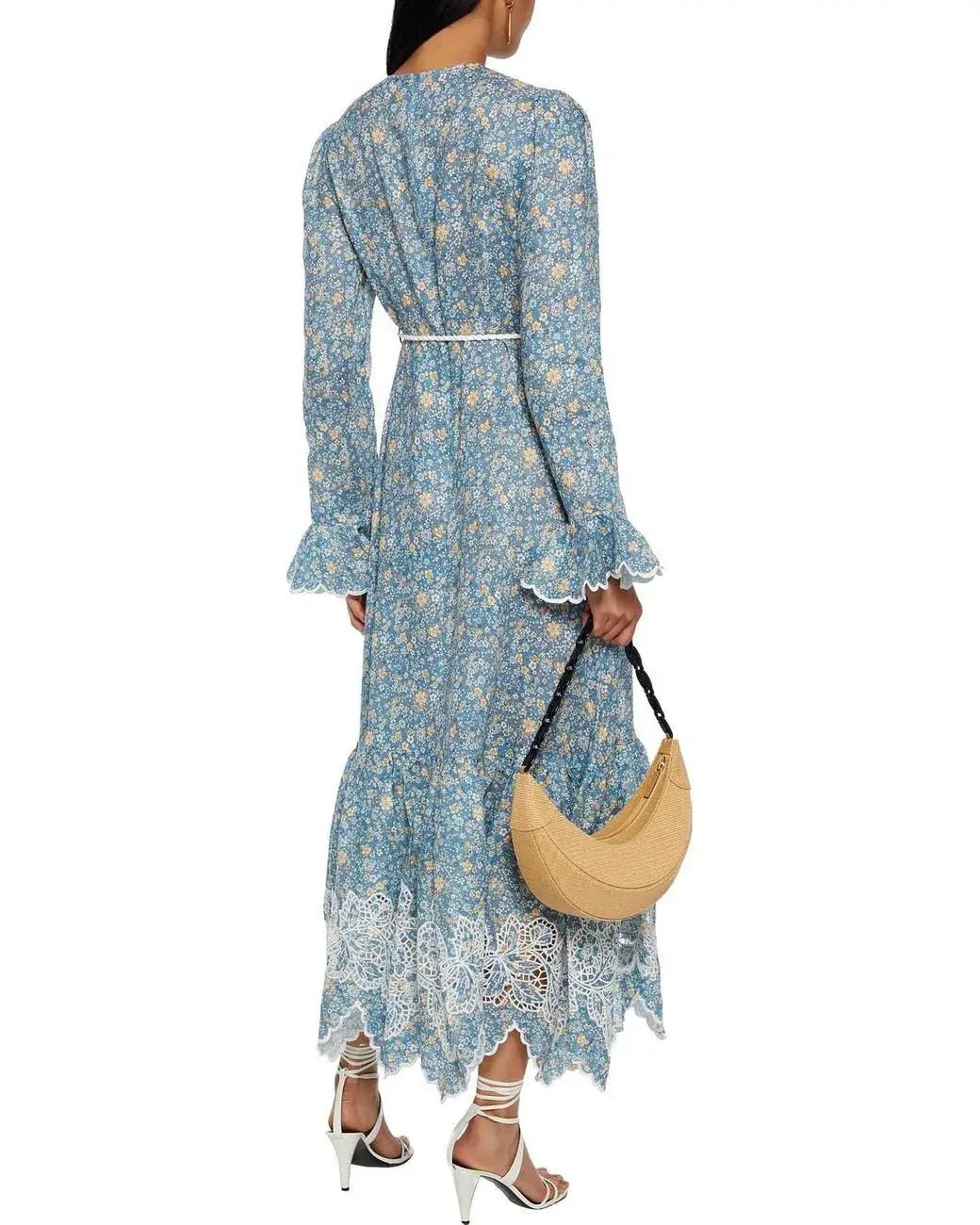 Zimmermann Carnaby Belted Broderie Anglaise-trimmed Floral-print Linen Midi Dress In Blue Print Size 14 photo 2