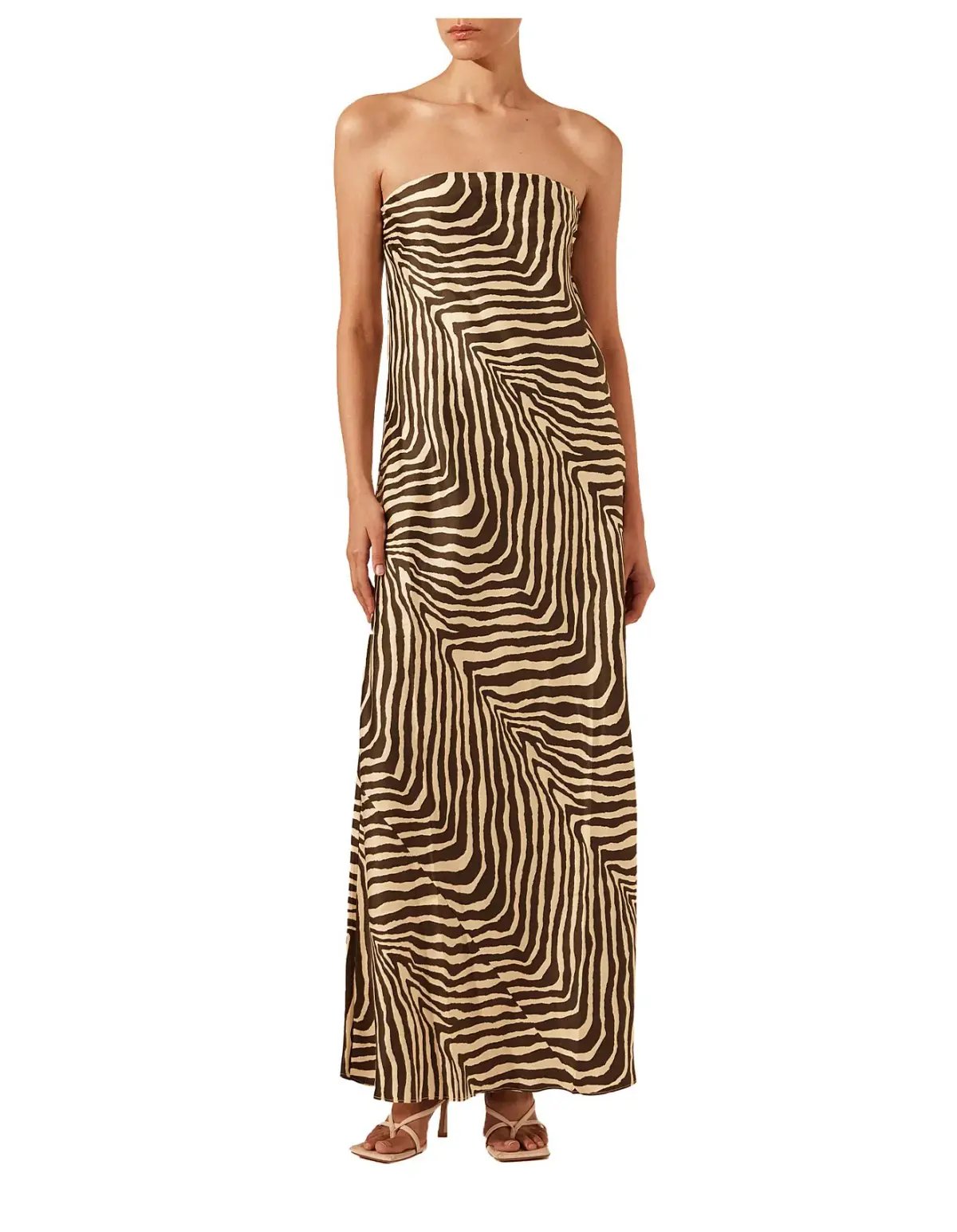 Shona Joy Sana Zebra Silk Strapless Bias Maxi Dress Bone/Chocolate Size 10 photo 5