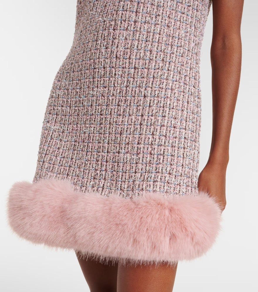 Self-Portrait Pink Boucle Fur Hem Mini Dress photo 4
