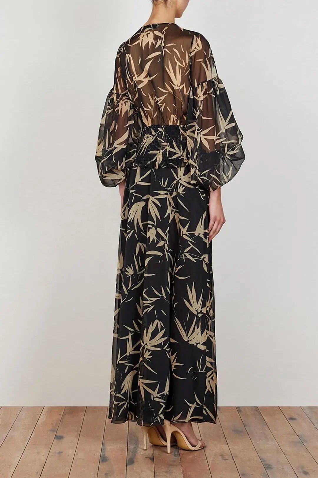 Shona Joy Monterey Shirred Lace Up Maxi Dress in Black/Wheat Print Size AU 8 photo 4