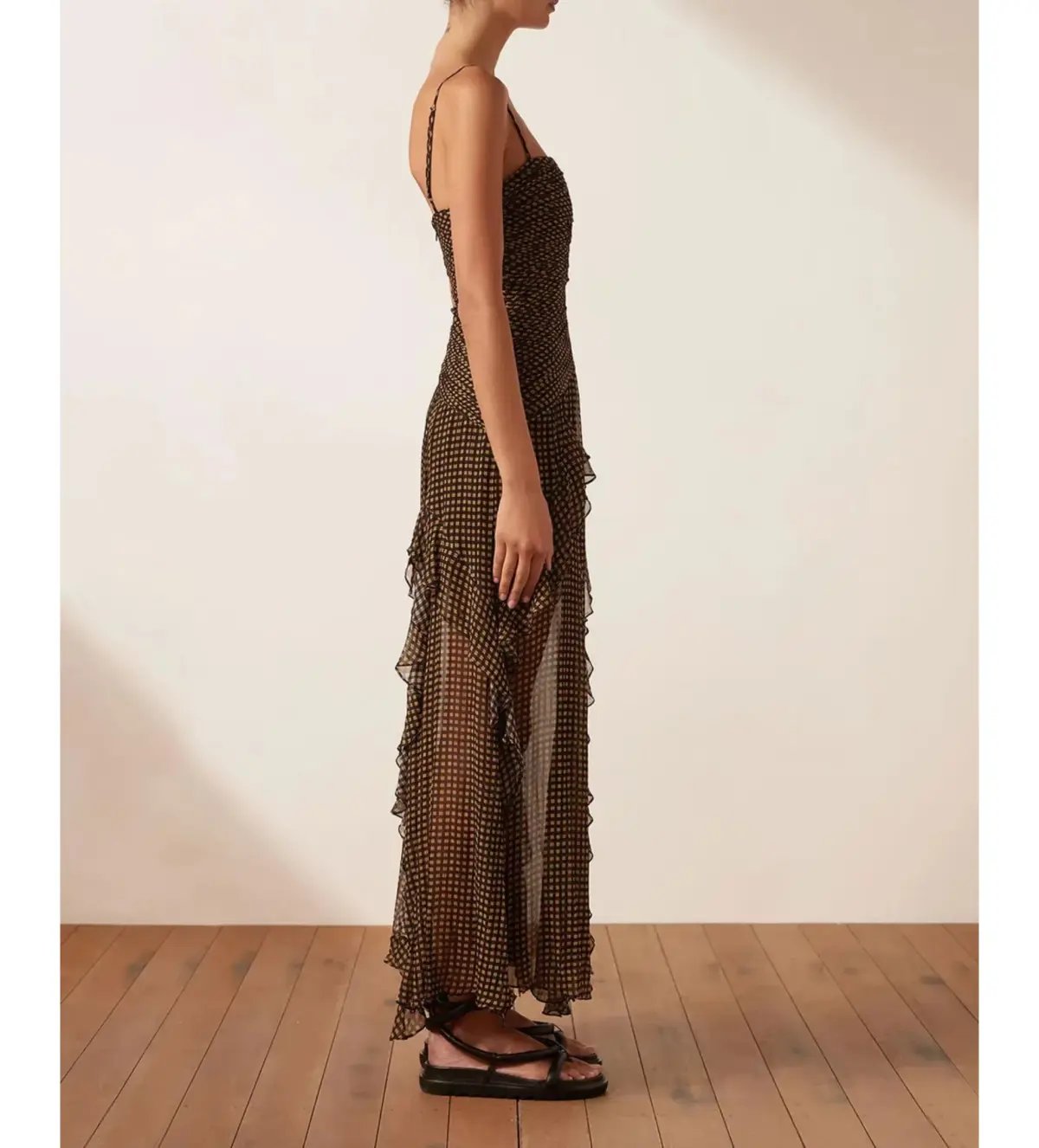 Shona Joy Sofia Ruched Frill Maxi Dress Brown Size AU 10 photo 2