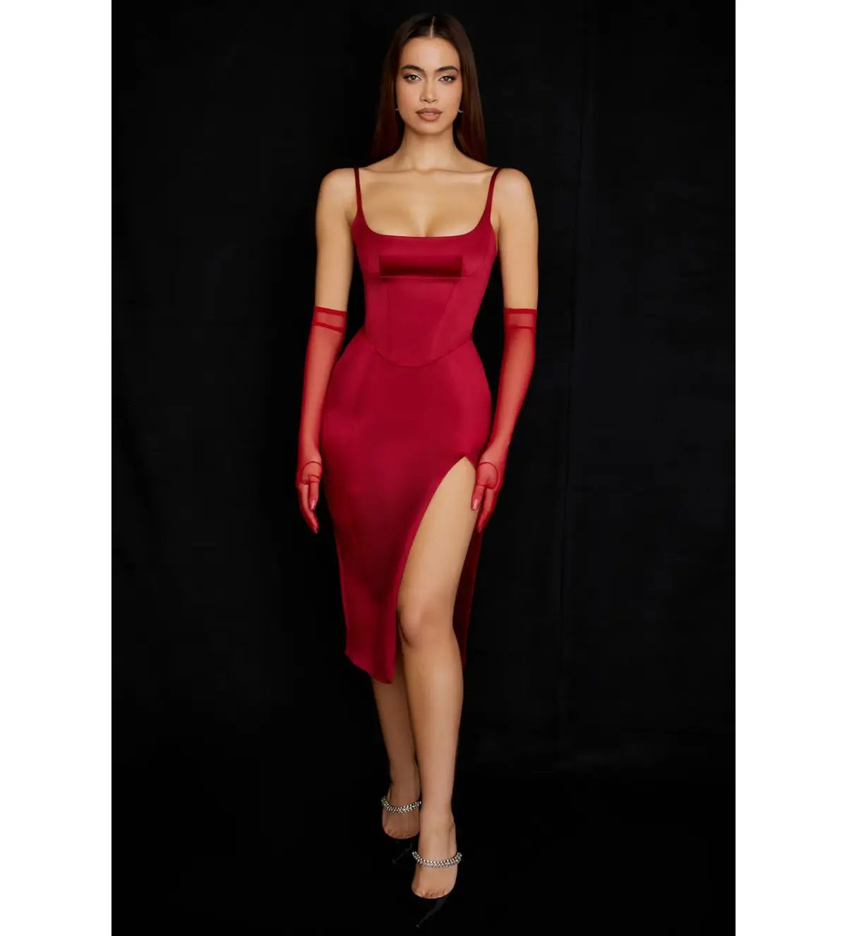 House Of Cb Casimira Wine Satin Corset Midi Dress Red Size 8 photo 2