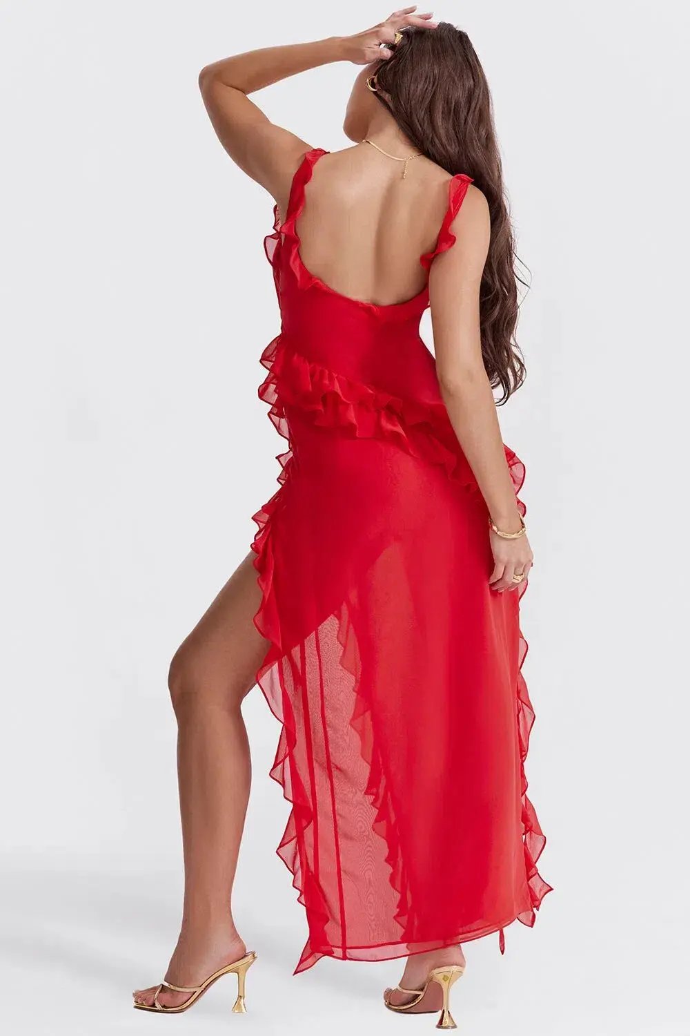 House Of Cb Ariela Red Ruffle Backless Dress Cherry In Size S/Au 8 photo 6