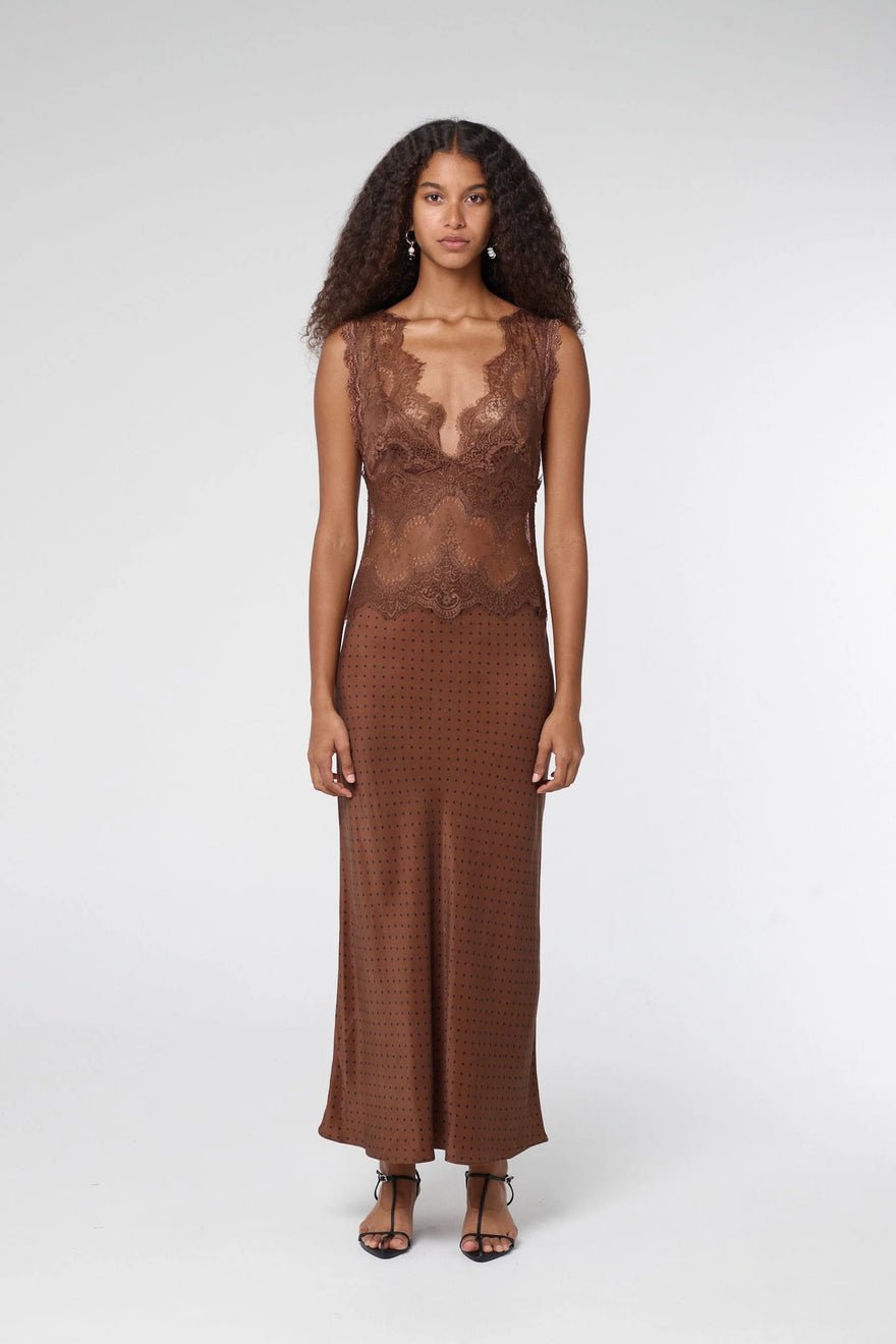 Third Form Visions Lace Deep V Neck Maxi Dress - Chocolate Polka Dot photo 2