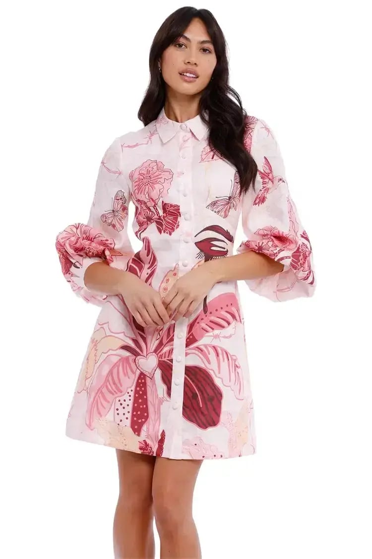 Leo Lin Amor Linen Mini Dress Pink Print Size 8 photo 2