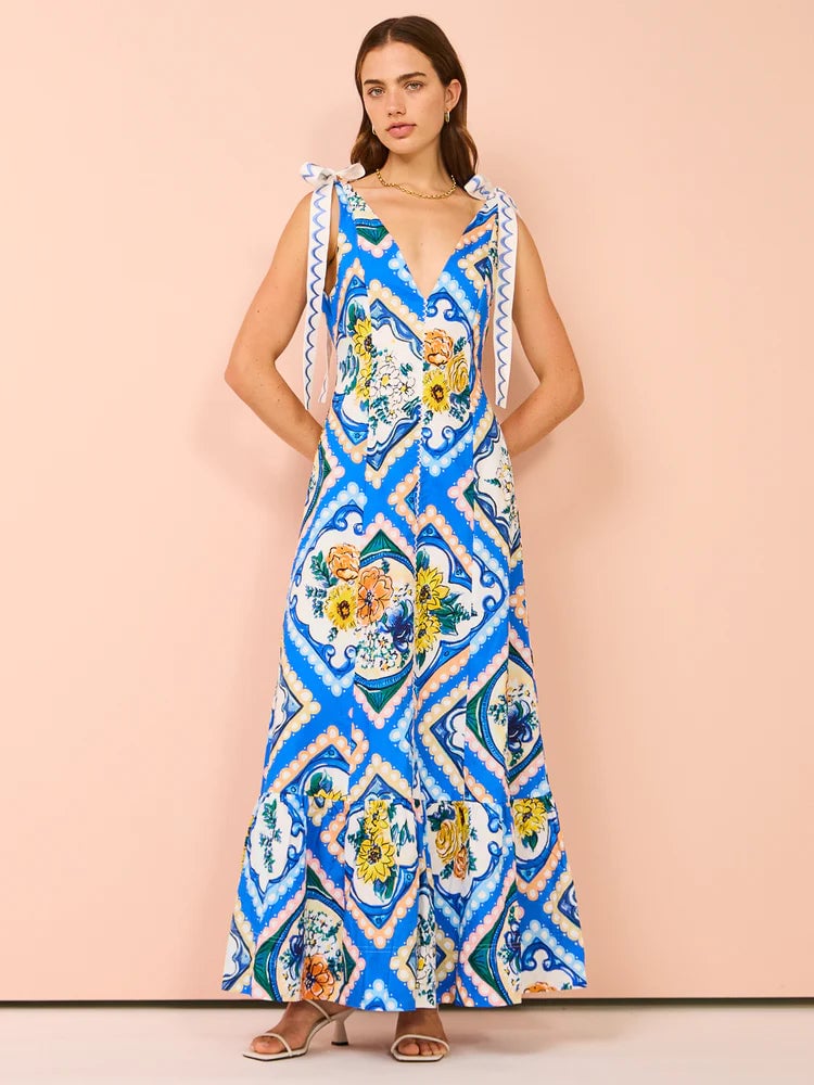 By Nicola Adoncia Tie Shoulder Maxi Dress In Azure Floral photo 2
