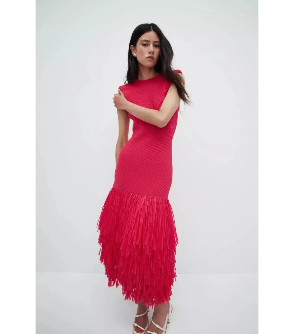 Aje Rushes Raffia Knit Midi Dress Deep Fuschia Size AU 8 photo 5