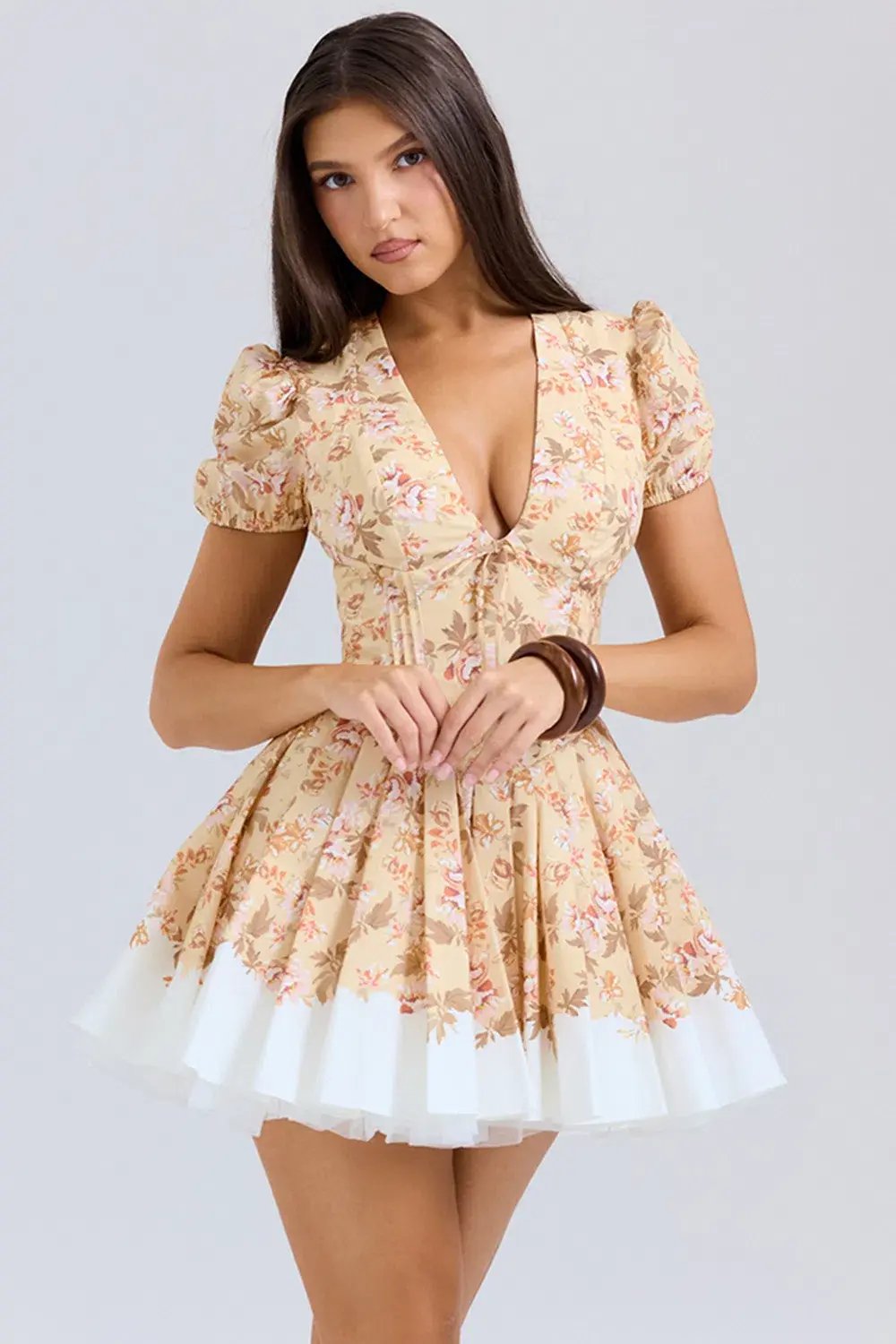 House of CB Imani Pleated Cotton Mini Dress Honeyflower Print Size XS / AU 6 photo 2