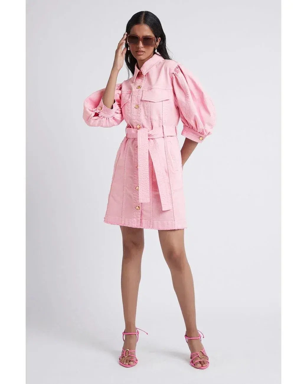 Aje Triada Button Denim Puff Sleeve Dress Pink Size 8 photo 2