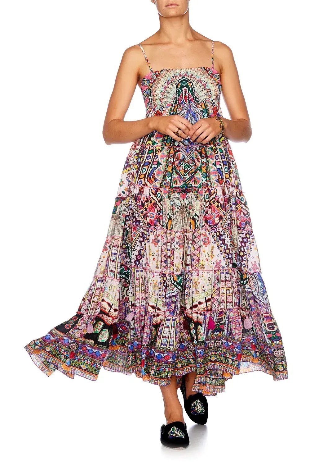 Camilla Long Sleeve Drop Shoulder Top Size XS & Tiered Hem Maxi Skirt Size L Set in Kalbelia Queen Pink Print photo 6