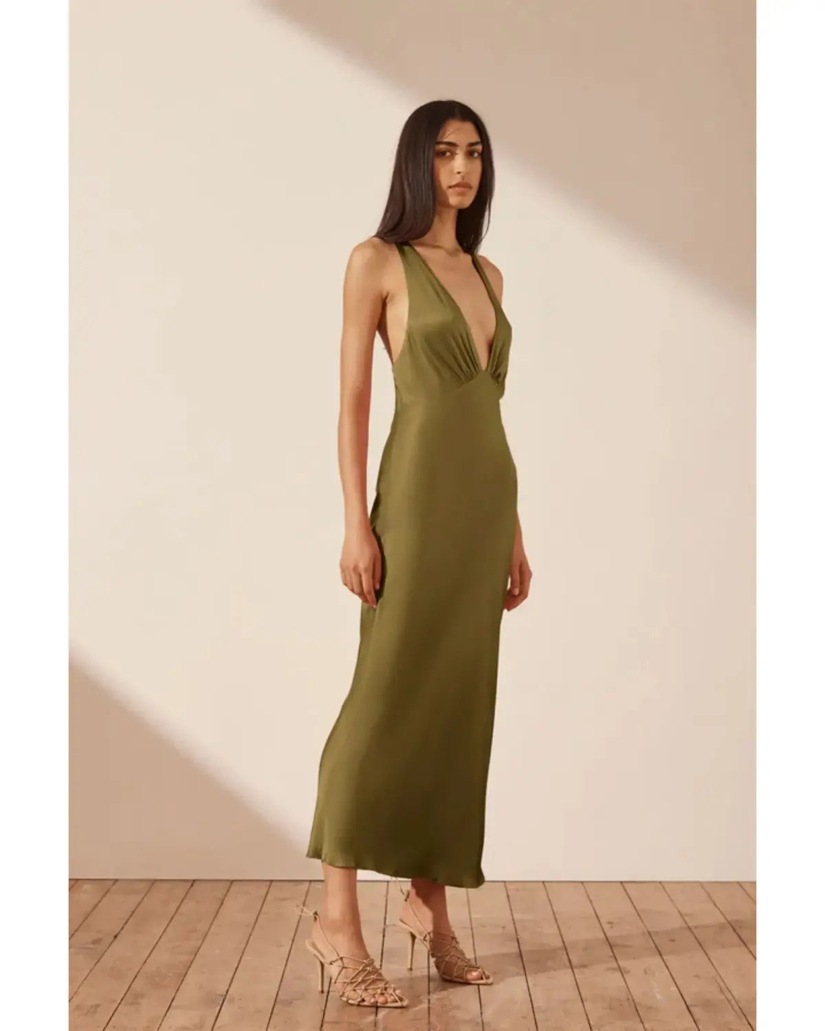 Shona Joy Arienzo Plunged Cross Back Midi Dress Green Olive Size AU 10 photo 2