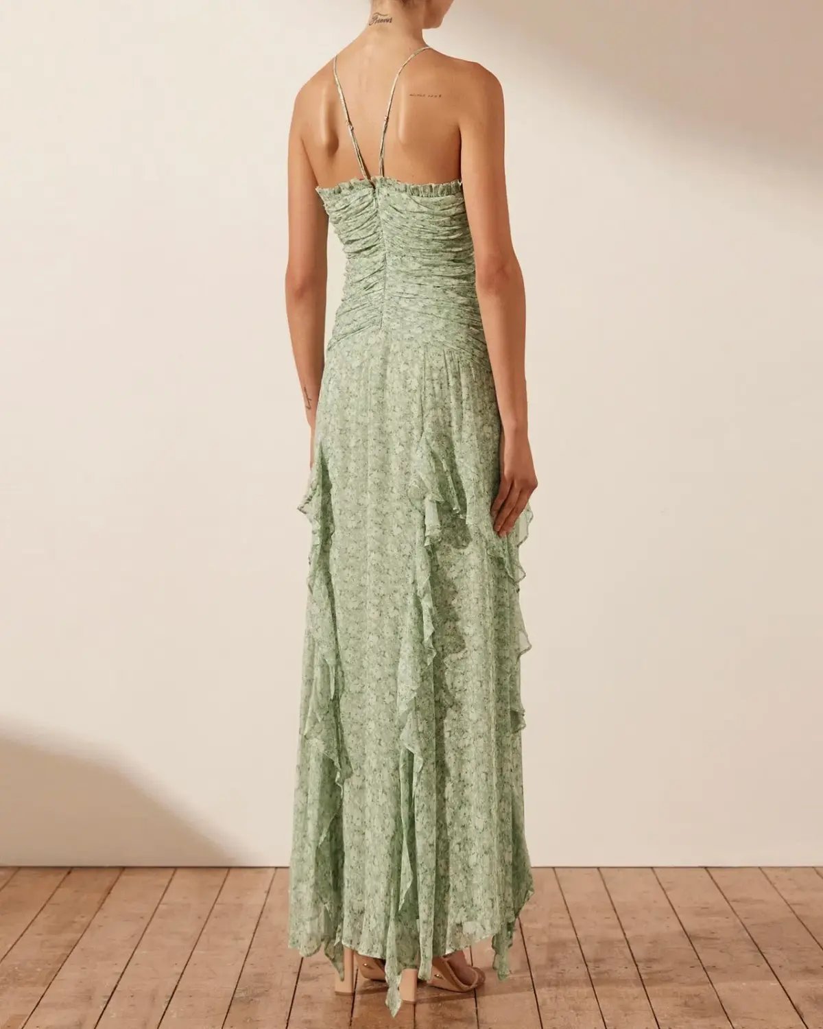 Shona Joy Aurore Ruched Frill Maxi Dress Green Floral Size AU 6 photo 3