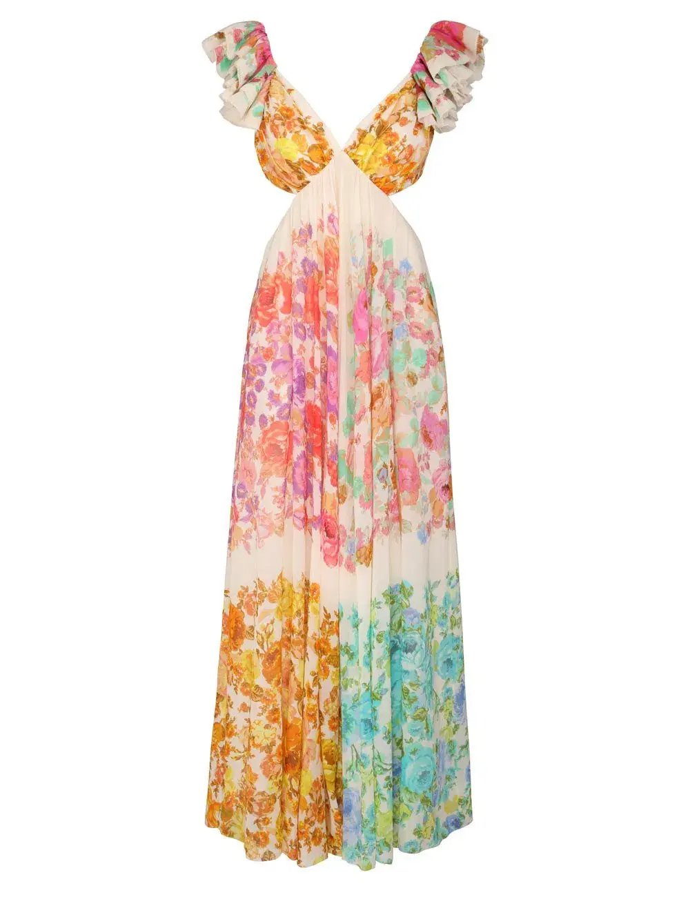 Zimmermann Raie Cut Out Ruffled Printed Silk-Chiffon Midi Dress Multi Floral Size 4/ AU 16 photo 3