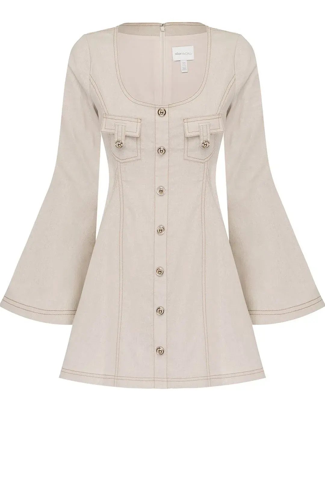 Alice McCall Lost Together Linen Bell Flared Sleeves Mini Dress in Oatmeal Size 10 photo 4