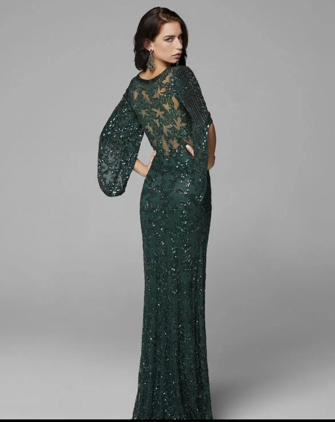 Primavera Couture 9713 Sheer Back Sequin Evening Dress Forest Green Size 12 photo 3