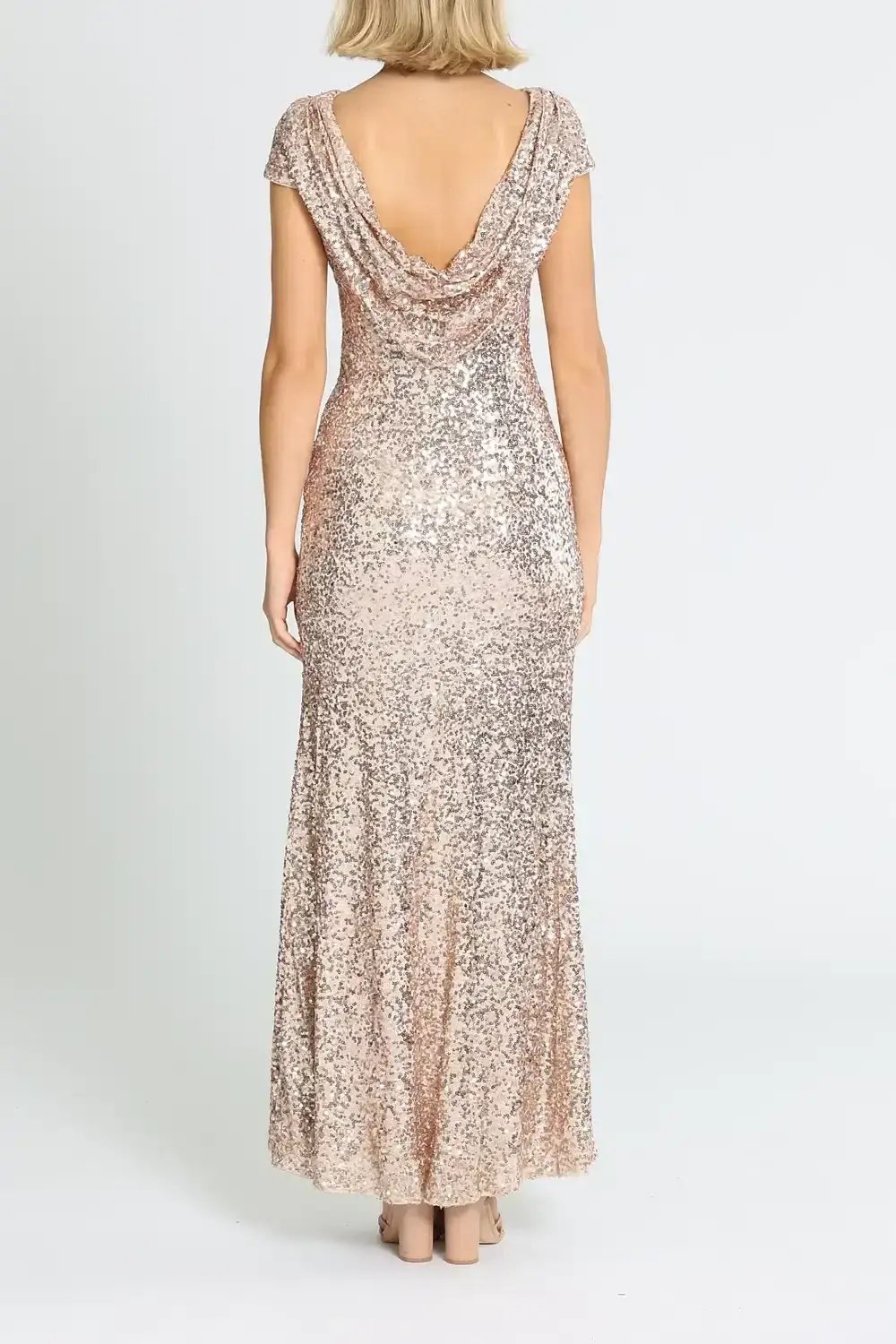 Badgley Mischka Sequin Cowl Back Gown Blush Size 18 photo 3