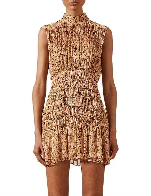 Shona Joy Colette High Neck Sleeveless Corded Mini Dress Brown Floral Size AU 8 photo 2