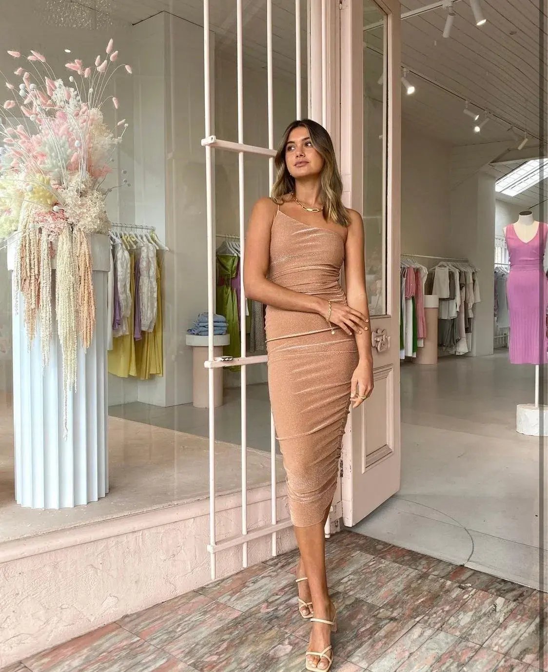 Third Form Shimmer One Shoulder Midi Dress Peach Size 8 photo 3