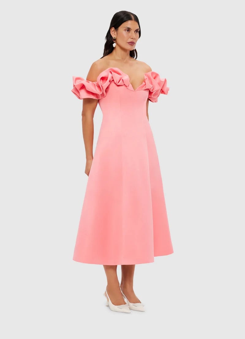 Leo Lin Annie Off Shoulder Frill Midi Dress  - Strawberry Pink photo 2
