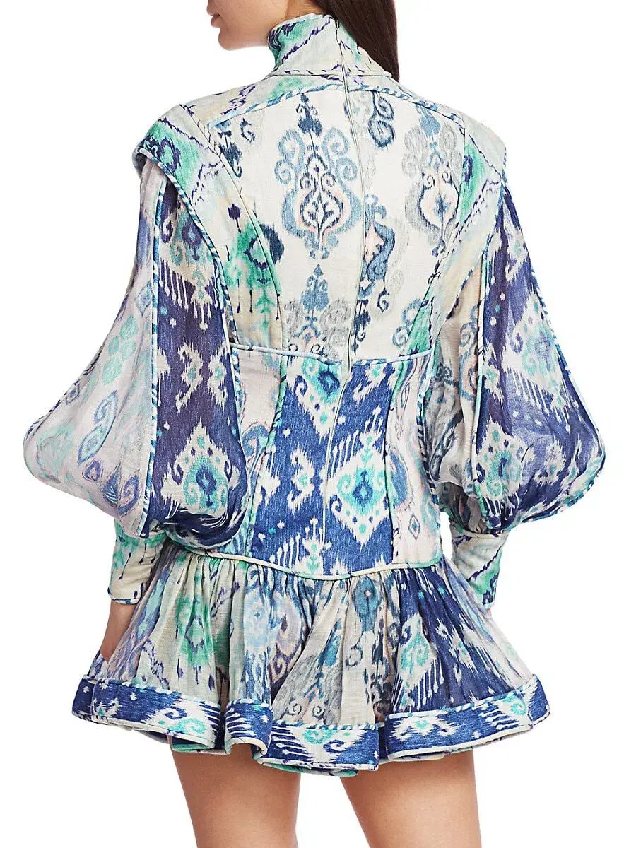 Zimmermann Glassy Long Sleeve Mini Dress Spliced Blue Ikat Print Size 0 / AU 8 photo 2
