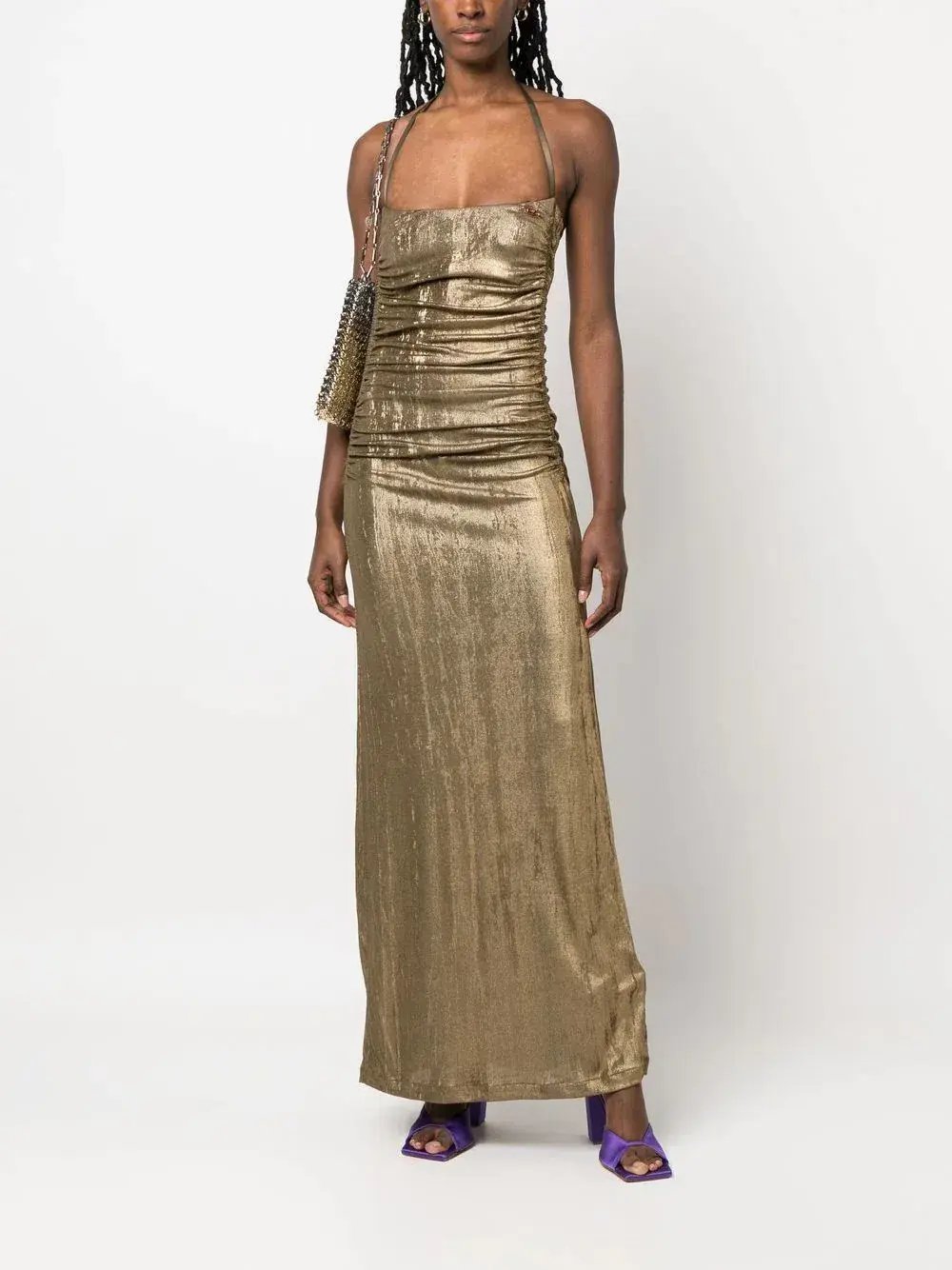 Diesel Metallic Ruched Halterneck Gown Gold Size M / Au 10 photo 3