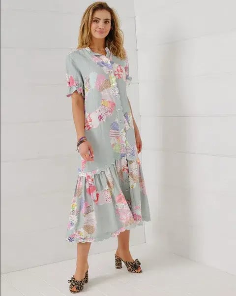 Binny Wheel of Fortune Linen Viscose Midi Dress Chambray Patchwork Print Size 16 photo 6