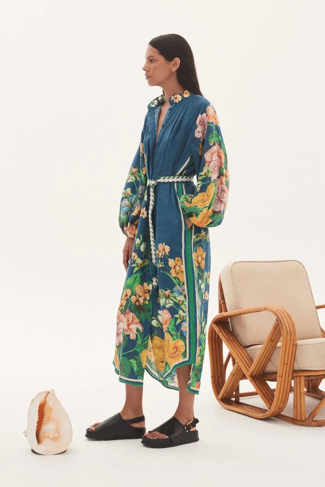 Alemais Lyla Midi Shirtdress Blue Linen Long Sleeve Button Down Floral Navy Size AU 10 photo 2
