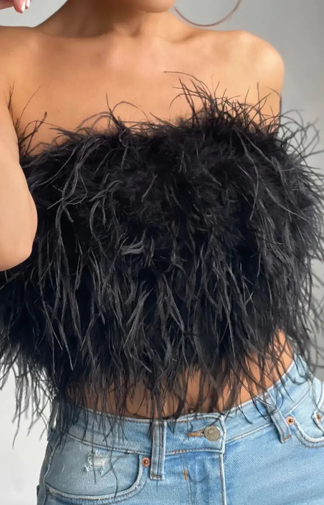 Bardot Ostrich Feather Bandeau Top Black Size 6 photo 2