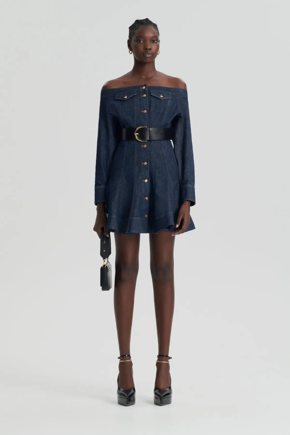 Scanlan Theodore Denim Skater Off Shoulder Mini Dress Indigo Size 8 photo 2