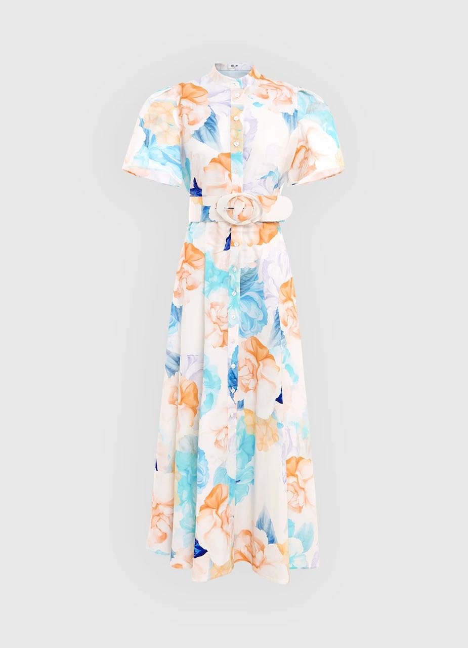 LEO LIN BIANCA SHORT SLEEVE MIDI DRESS - ROSEBUD PRINT IN CREAM photo 6
