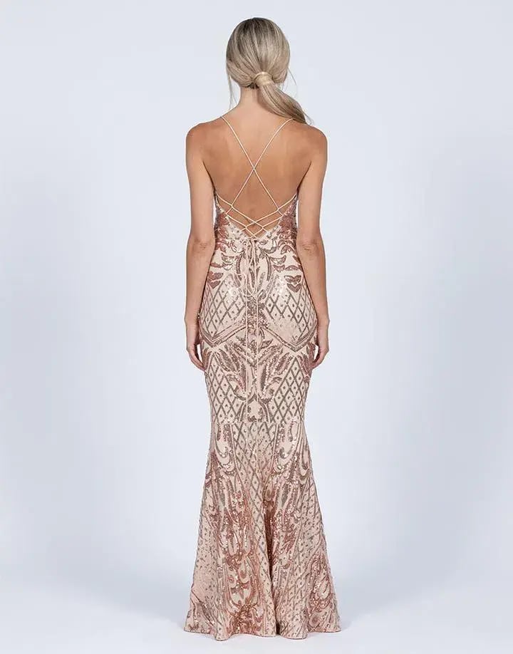 Bariano Serpentine Scoop Gown Gold Sequin Size 10 photo 2