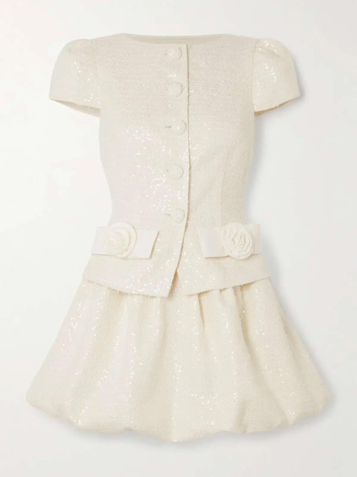Self Portrait Embellished Sequined Boucle Mini Dress Cream Size 10 photo 3