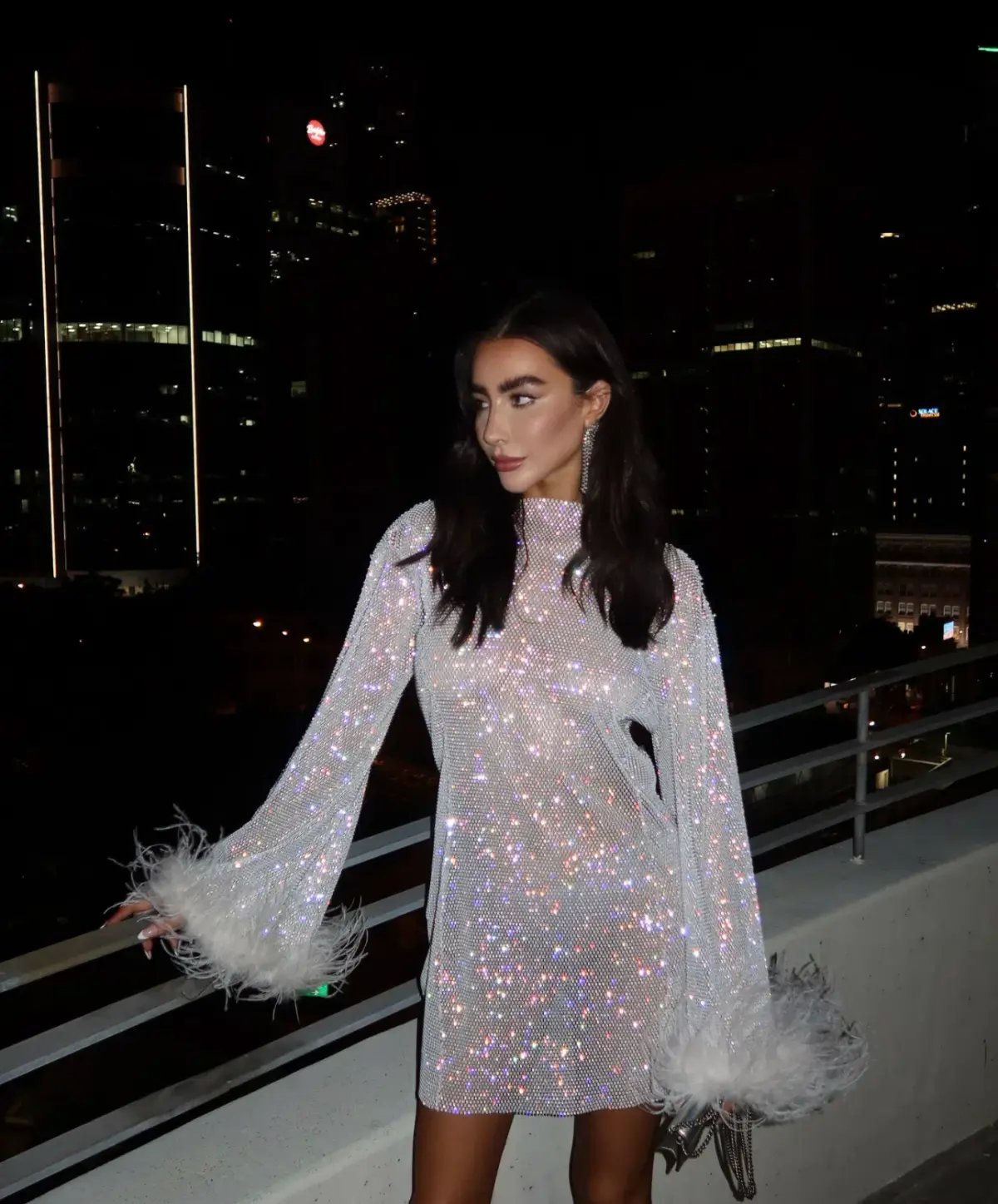 Heiress Beverly Hills Crystal Embellished Feather Trim Mini Dress White Size 8 photo 6