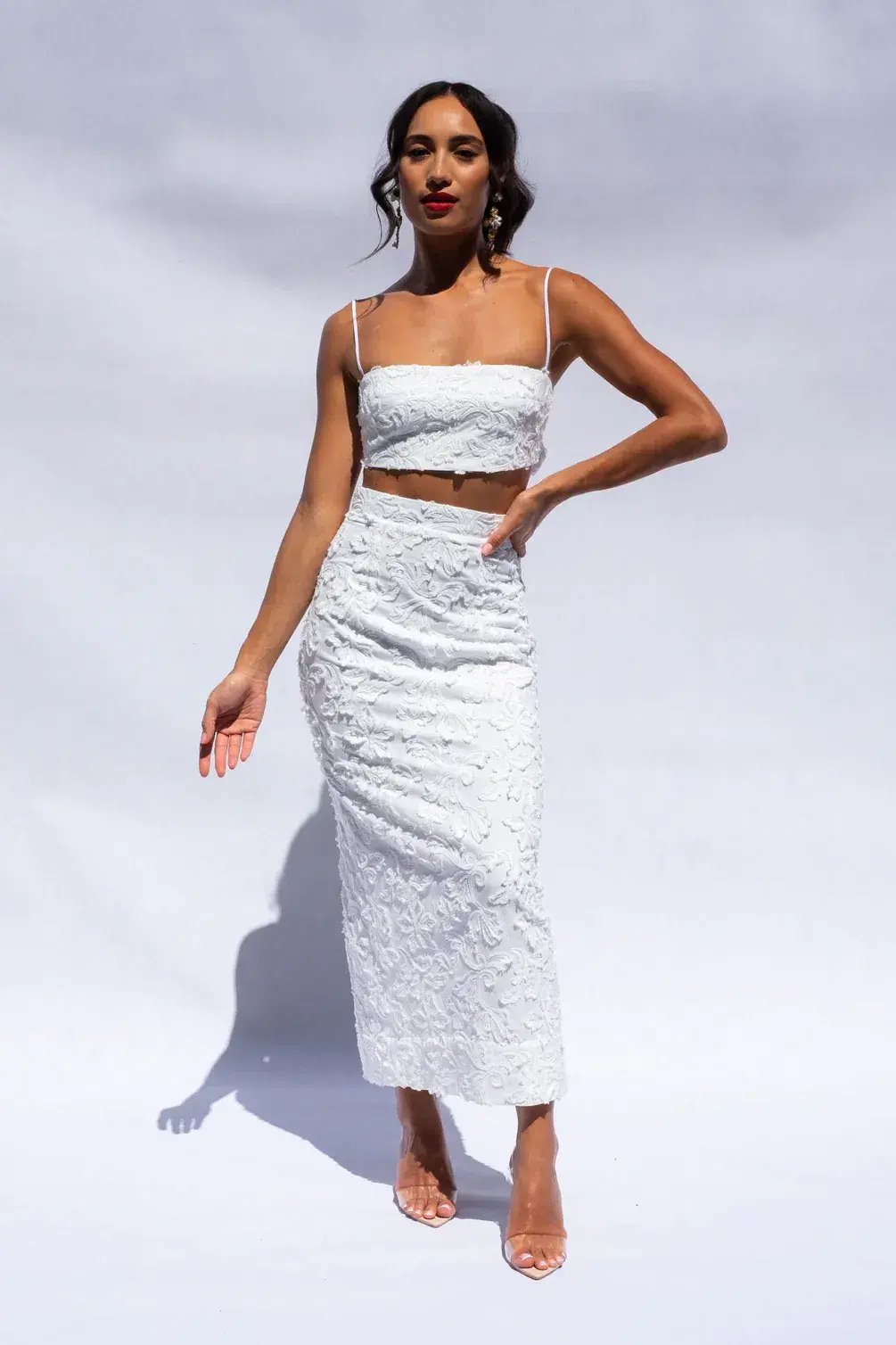 Isabella Longginou Textured Bow Tie Crop and Fitted Pencil Skirt Set White Size 6 photo 5