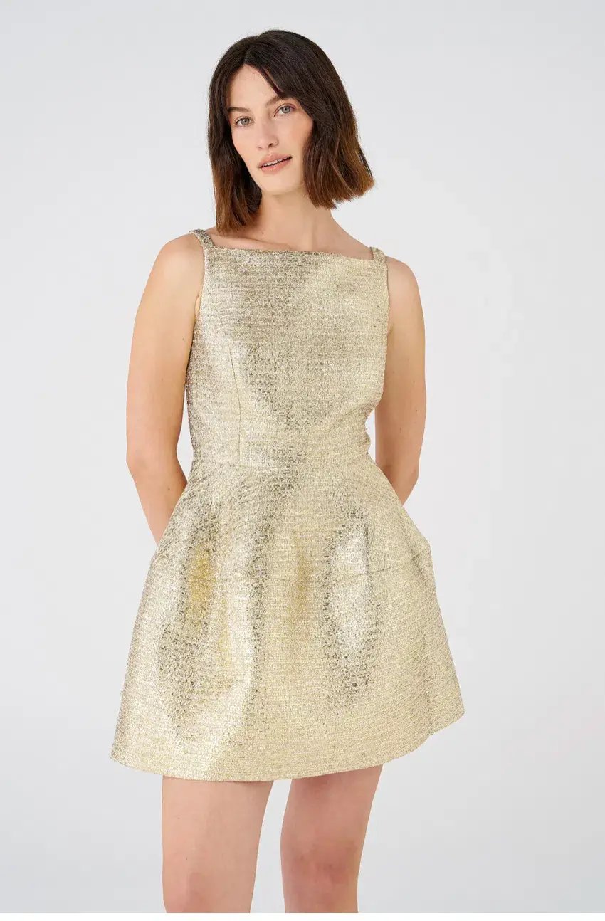 Oroton Metallic Mini Dress Gold Size 10 photo 5
