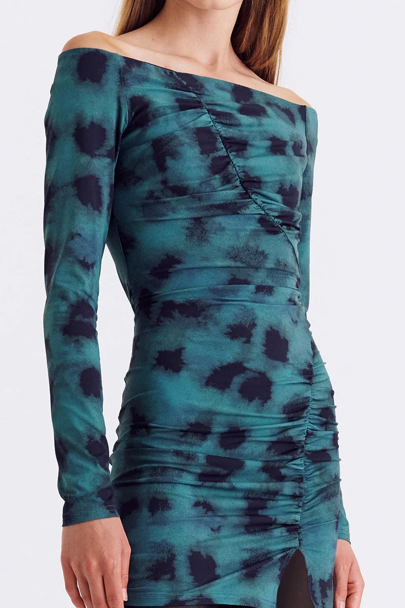 SUBOO SHIBORI LONG SLEEVE OFF SHOULDER TUNIC DRESS - GREEN PRINT photo 2