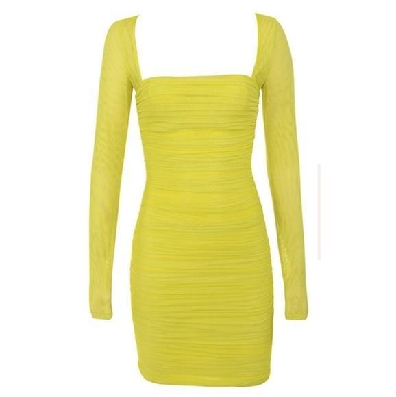 House of CB Valentina Chartreuse Long Sleeve Ruched Organza Mini Dress Yellow Size 6 photo 2