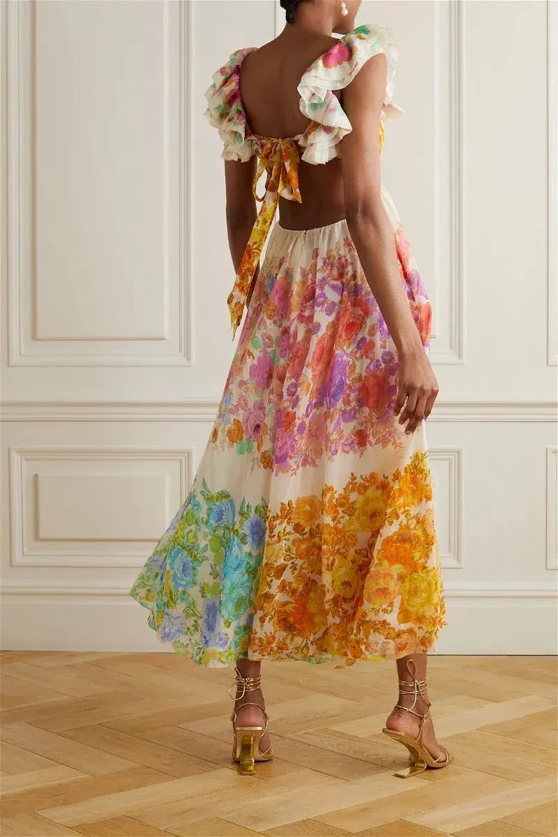 Zimmermann Raie Cut Out Ruffled Printed Silk-Chiffon Midi Dress Multi Floral Size 4/ AU 16 photo 2