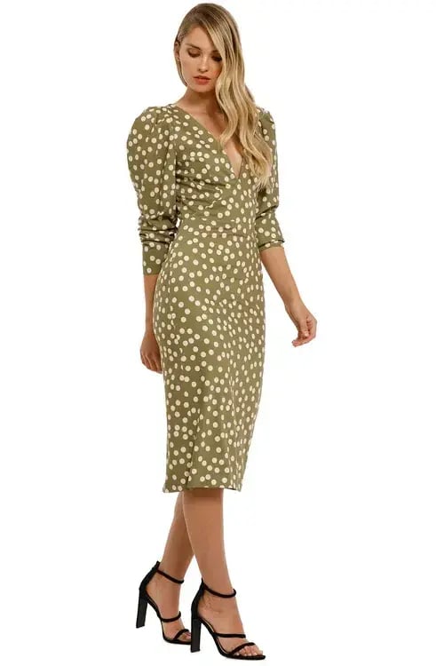 By Johnny Peach Polka V Plunge Midi Dress Olive Green Khaki Size AU 6 photo 2