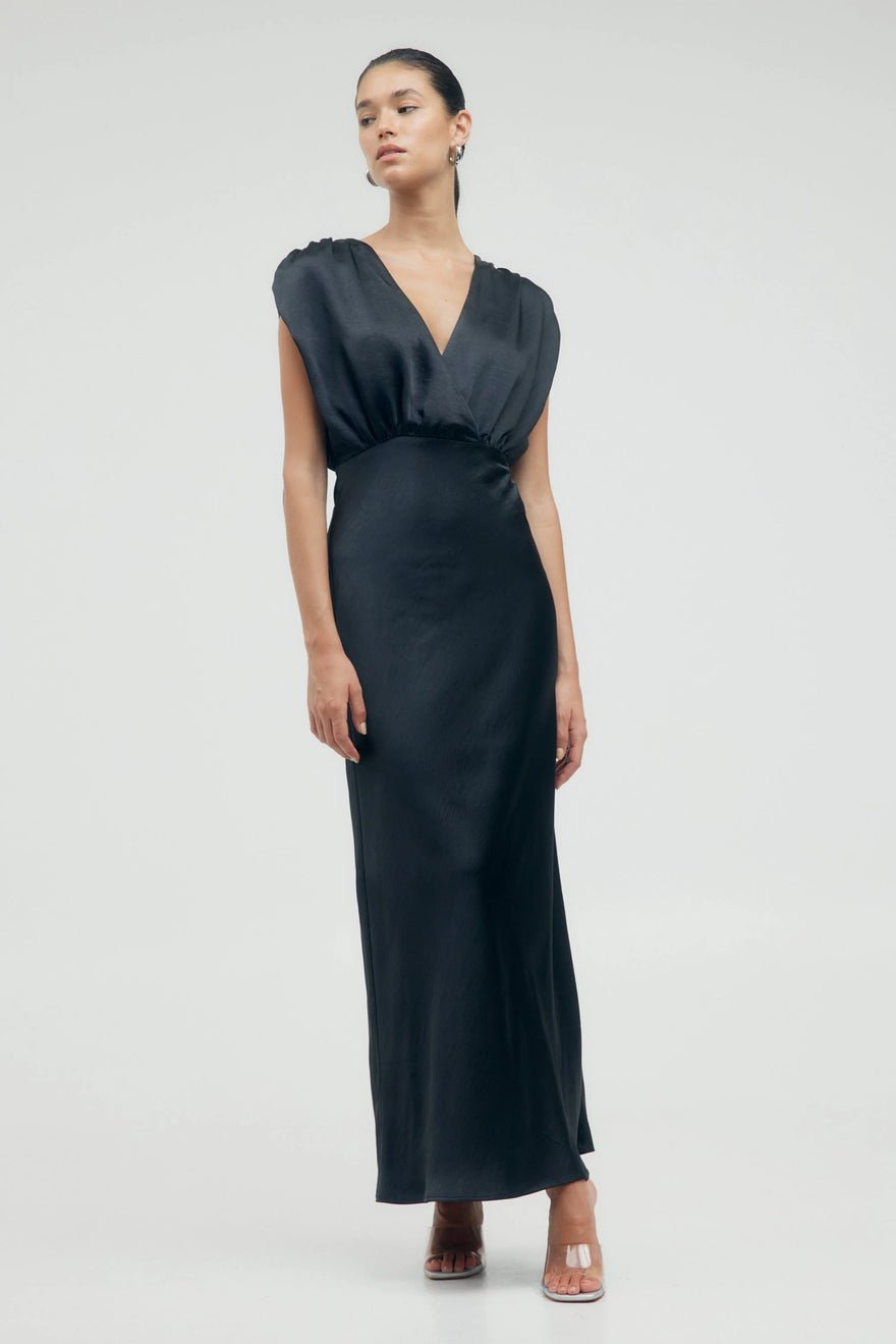 Third Form Satin Cross Over Gather Dress - Black photo 2